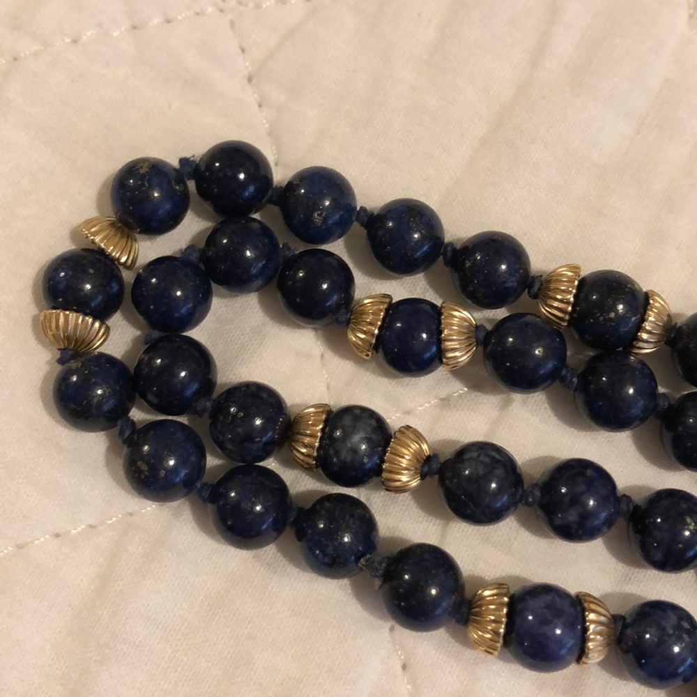 Blue lapis and gold tone beaded necklace